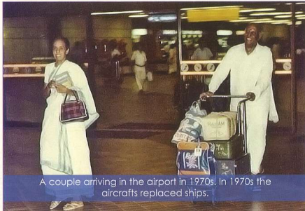 Nagarathar couple arriving at Singapore airport in 1970s – aircrafts replaced ships