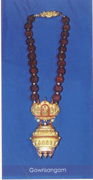 Exclusive sacred Nagarathar gold ornaments including Gowrisangam and Rudraksha beads