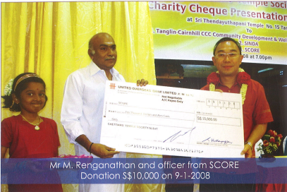 Chettiars Temple Society SCORE donation ceremony Singapore community charity contribution